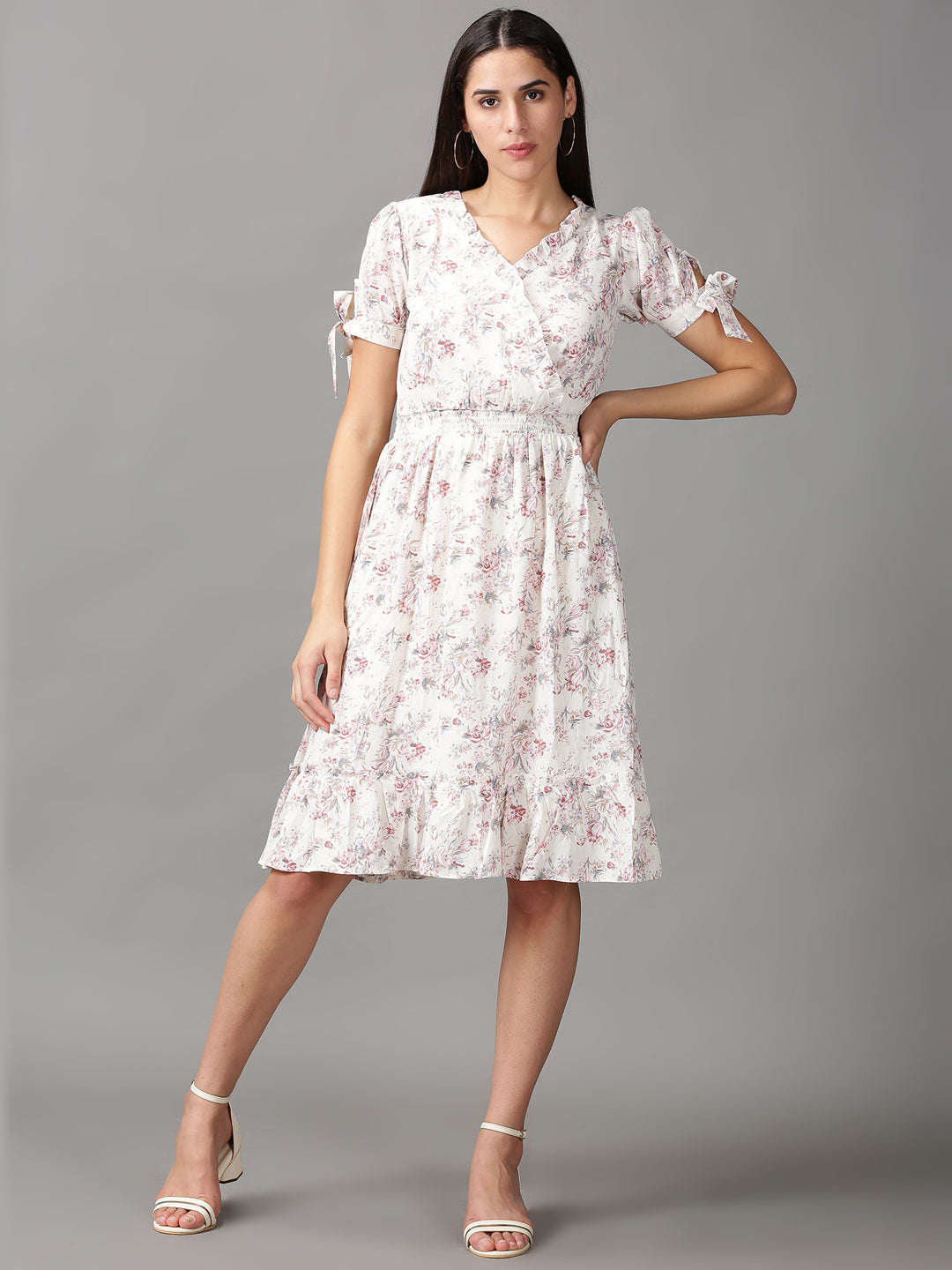 Women's Cream Floral Chiffon Fit & Flare Dress