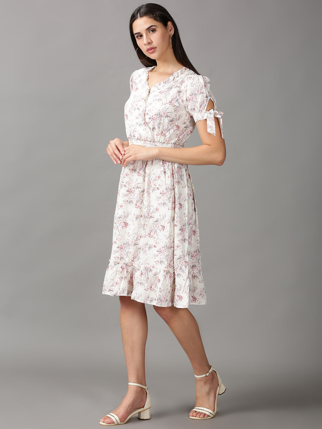 Women's Cream Floral Chiffon Fit & Flare Dress