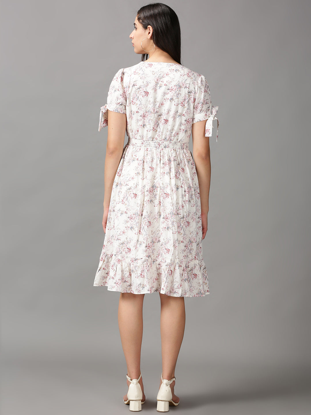 Women's Cream Floral Chiffon Fit & Flare Dress
