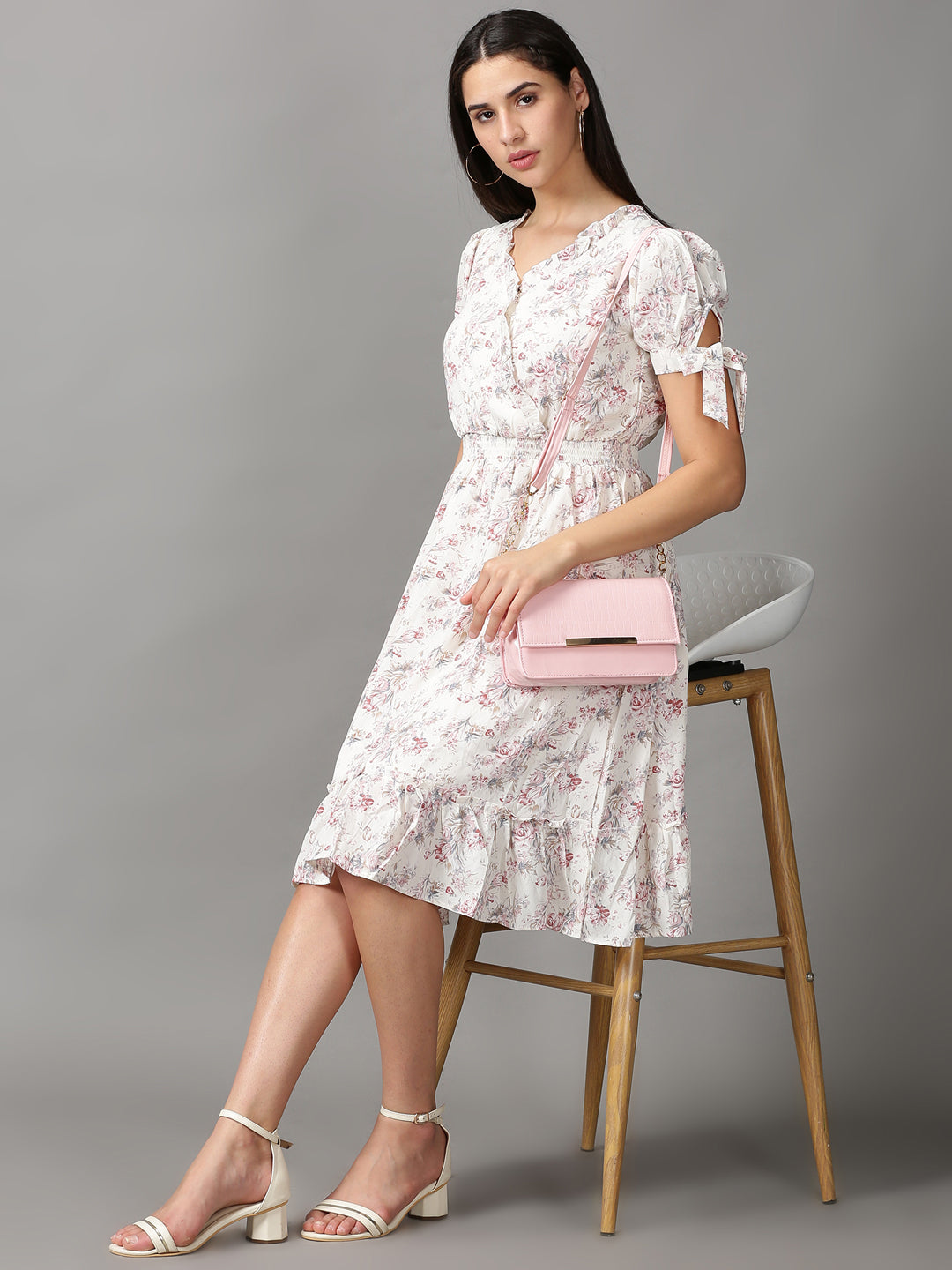 Women's Cream Floral Chiffon Fit & Flare Dress