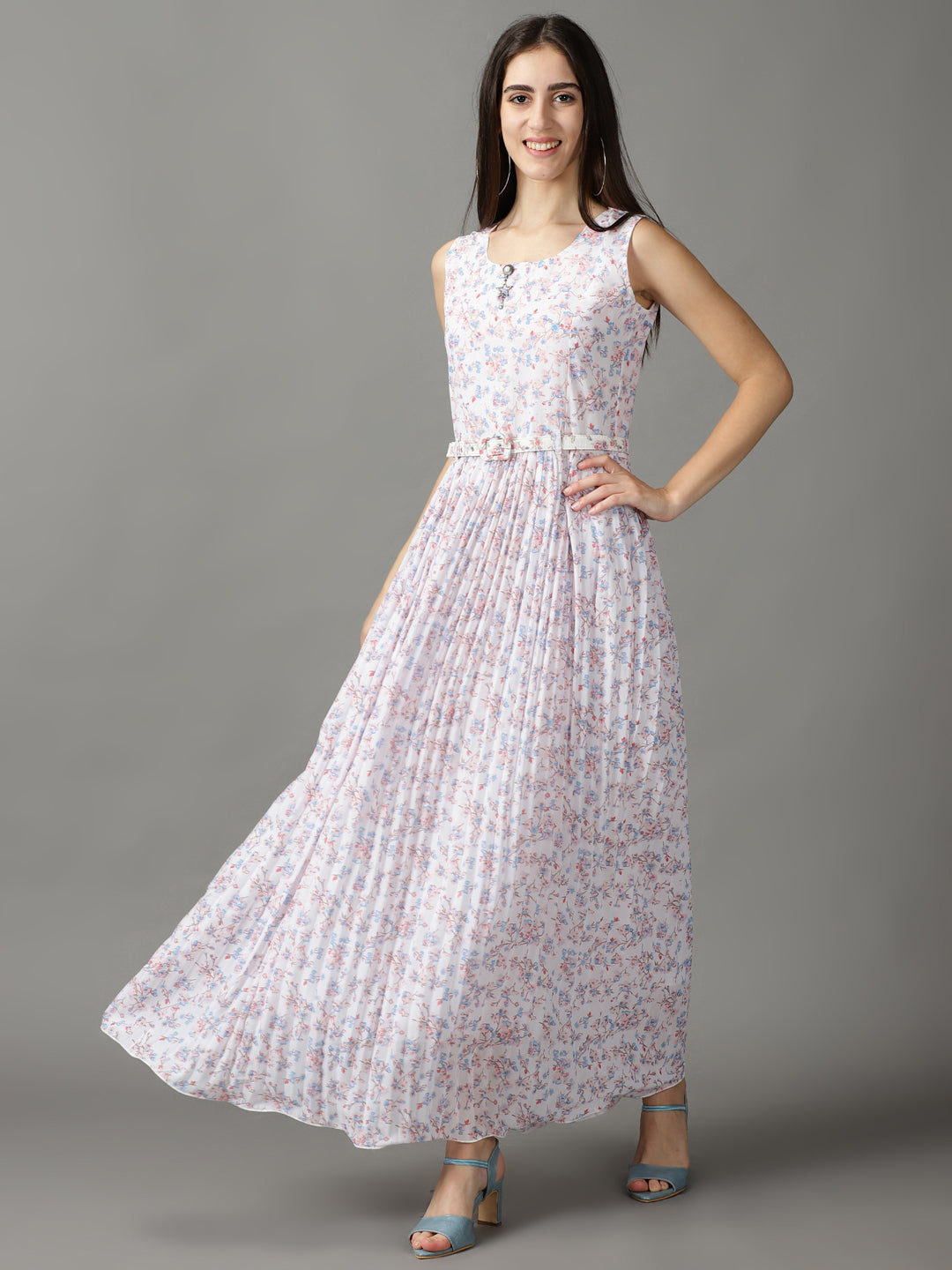 Women's White Floral Printed Accordion Pleated A-Line Midi Dress