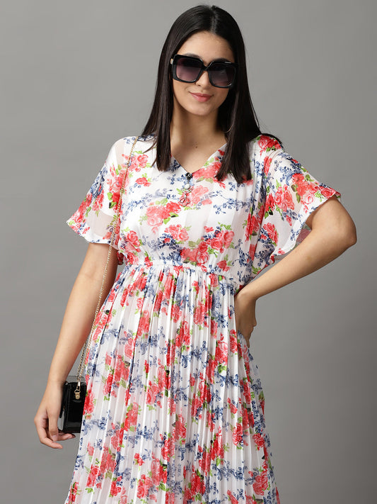 Women's White Floral Printed Midi Dress