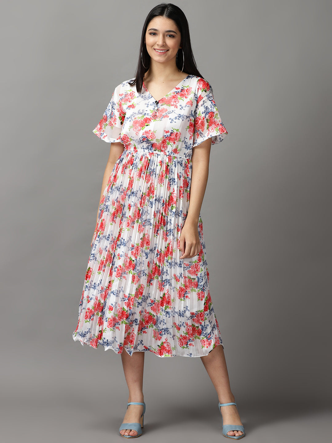 Women's White Floral Printed Midi Dress