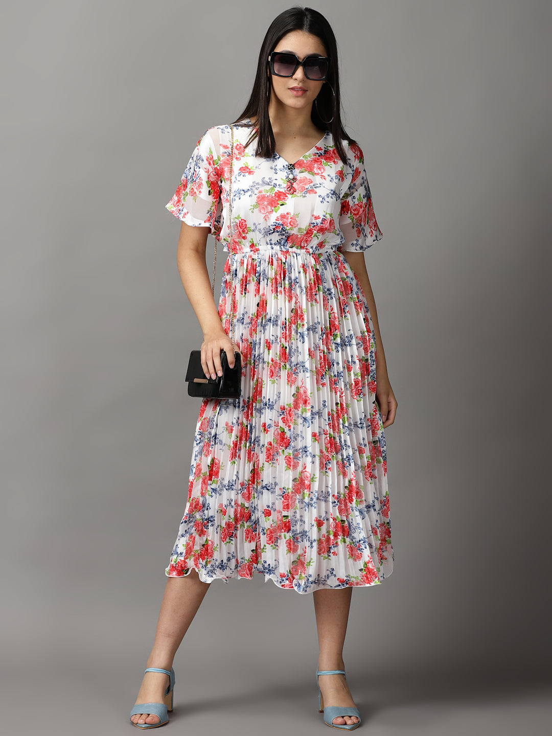 Women's White Floral Printed Midi Dress
