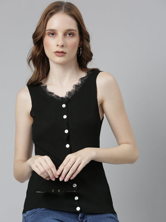Women's Black Striped V-Neck Fitted Top