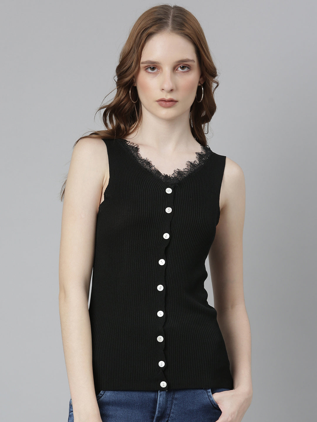 Women's Black Striped V-Neck Fitted Top