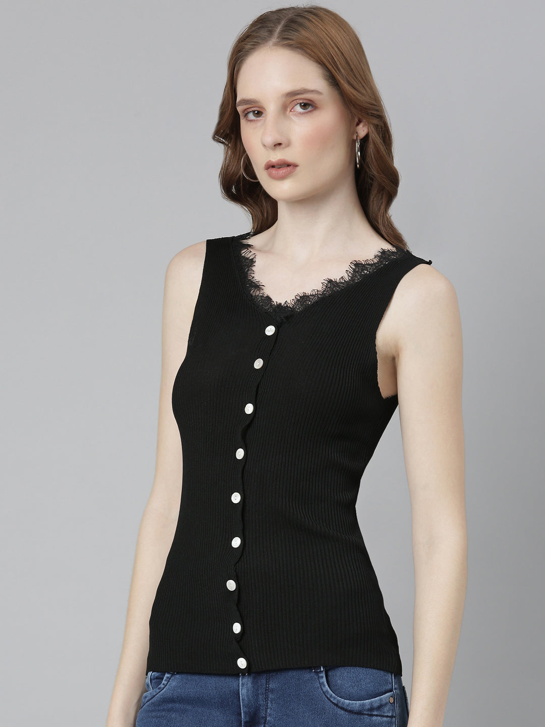 Women's Black Striped V-Neck Fitted Top