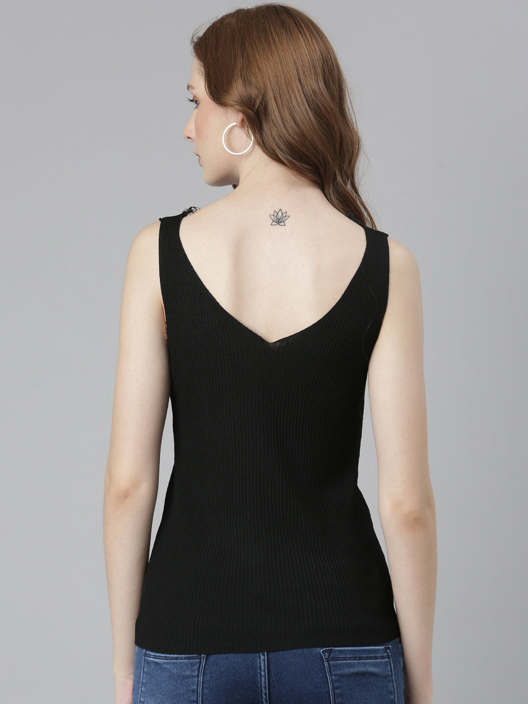 Women's Black Striped V-Neck Fitted Top