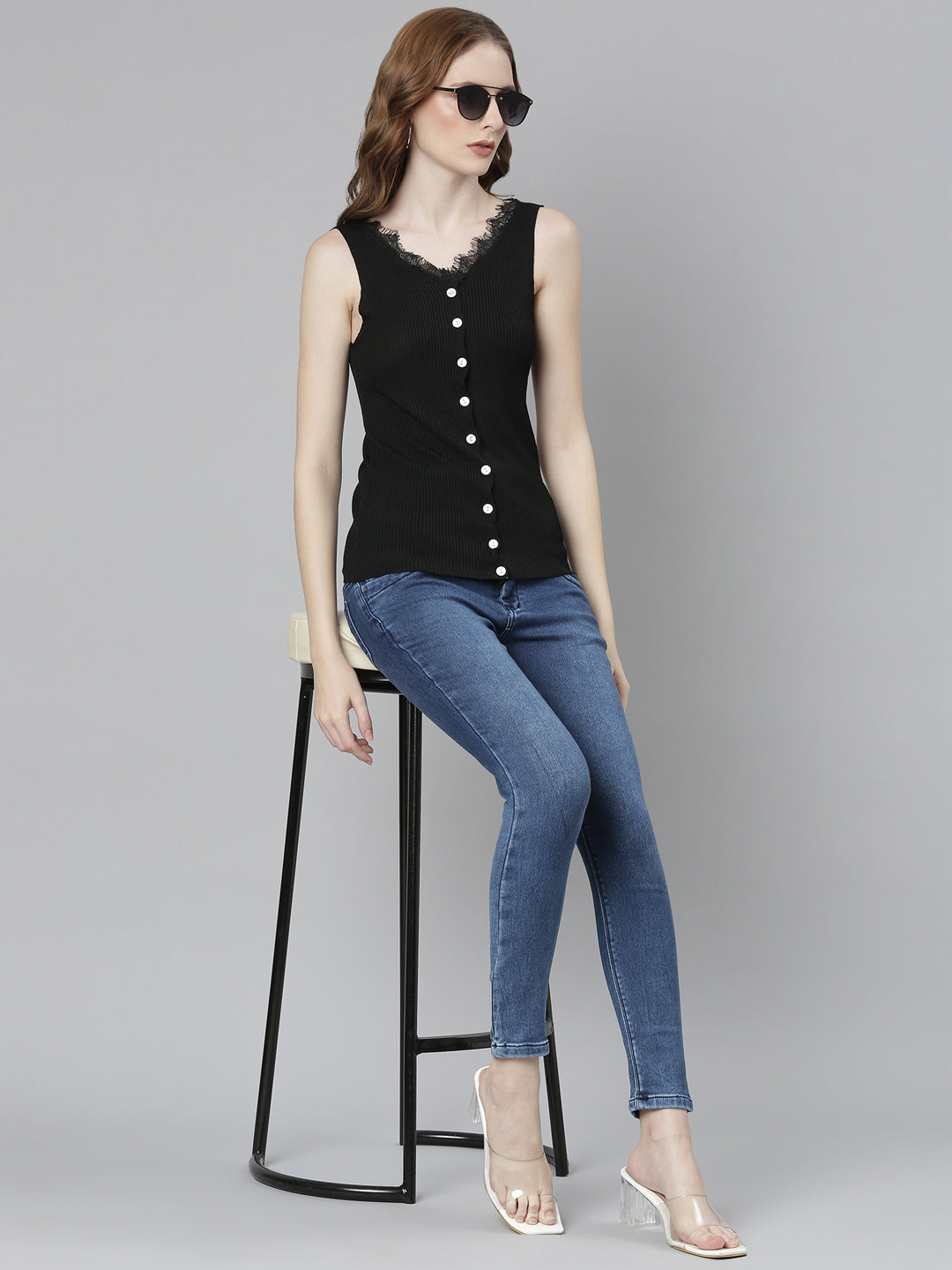 Women's Black Striped V-Neck Fitted Top