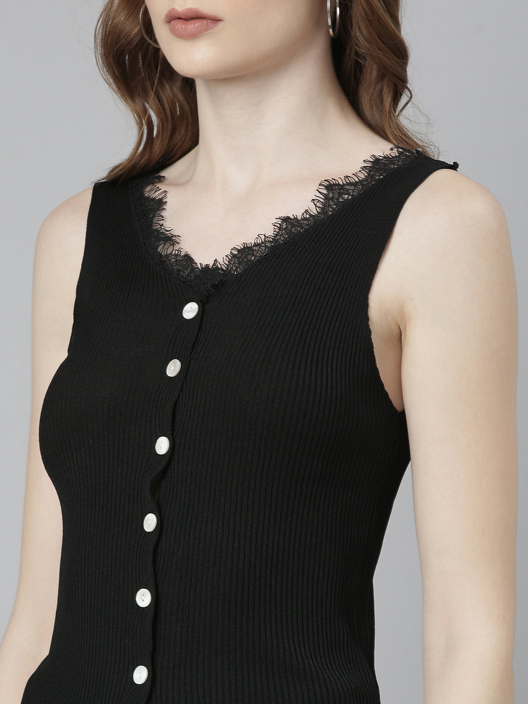 Women's Black Striped V-Neck Fitted Top