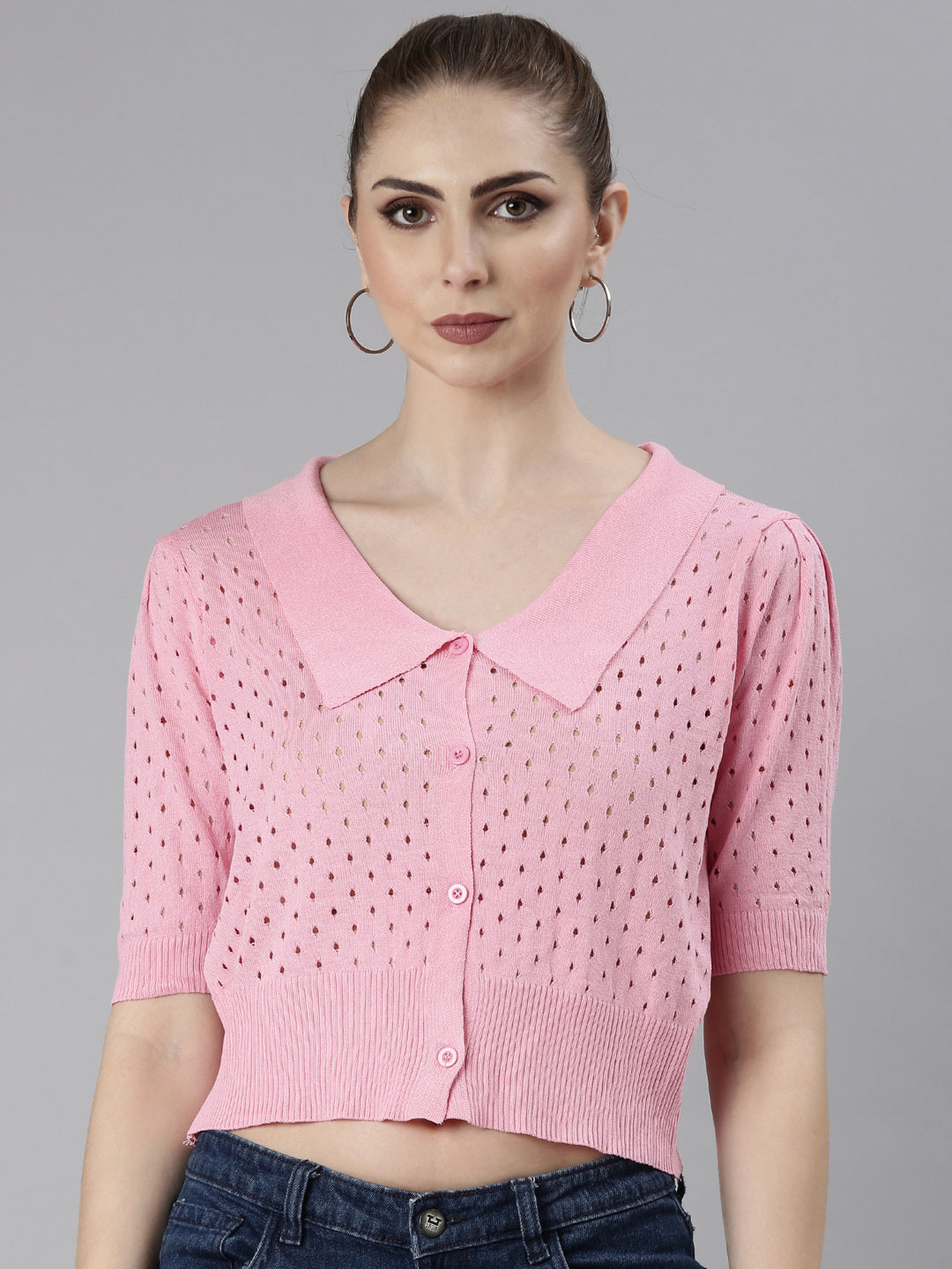 Women's Pink Self Design Shirt Collar Crop Top