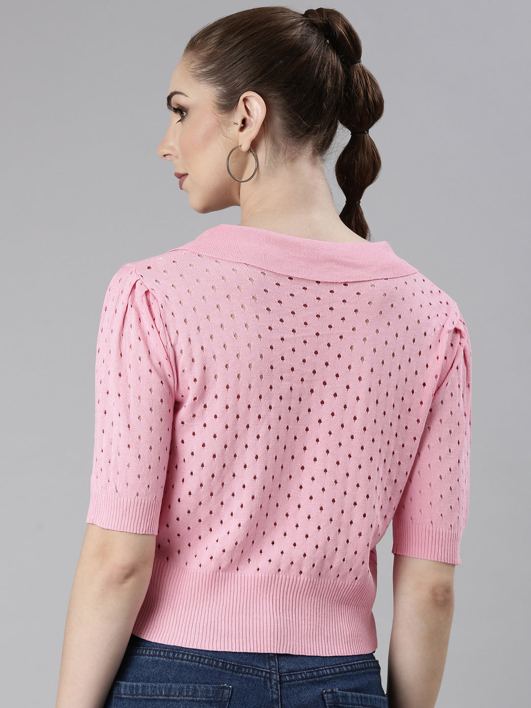 Women's Pink Self Design Shirt Collar Crop Top