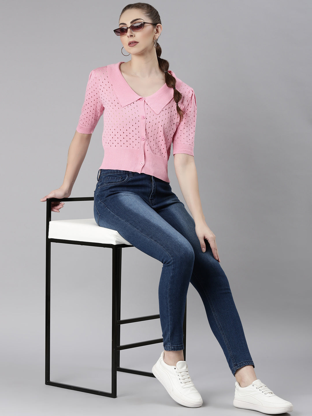 Women's Pink Self Design Shirt Collar Crop Top