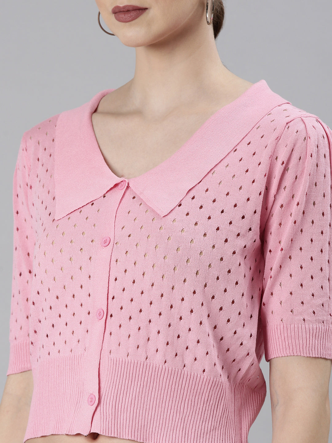 Women's Pink Self Design Shirt Collar Crop Top