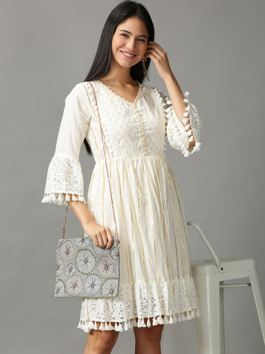 Women's Off White Embroidered Cotton Crepe Ethnic Dress