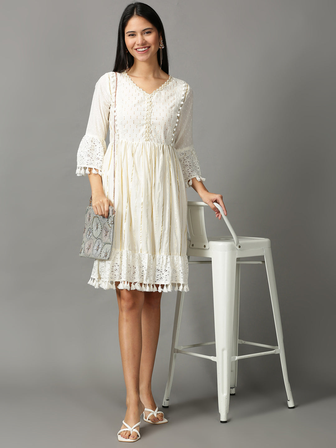 Women's Off White Embroidered Cotton Crepe Ethnic Dress