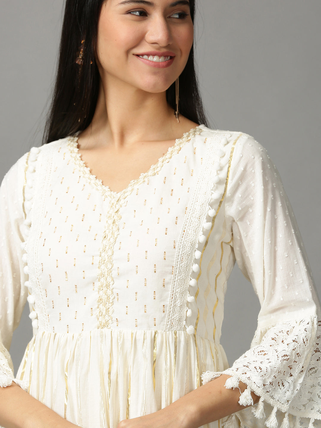 Women's Off White Embroidered Cotton Crepe Ethnic Dress