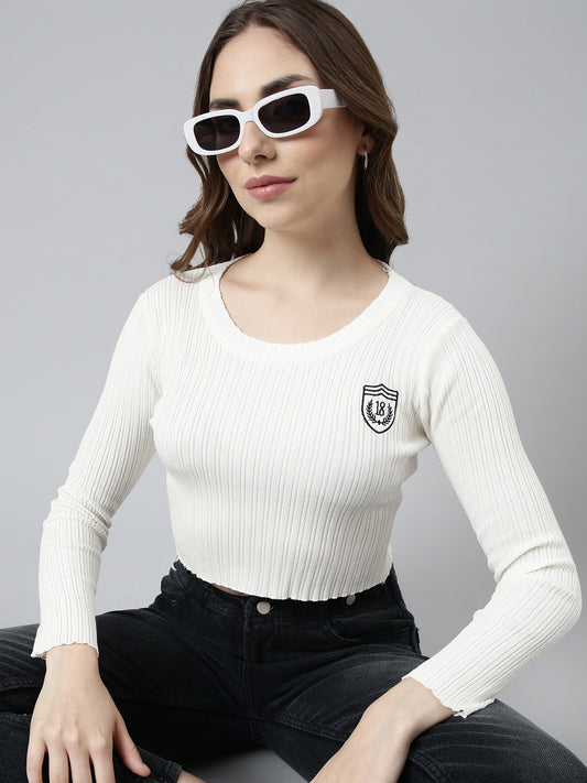 Women's Off White Round Neck Fitted Crop Top