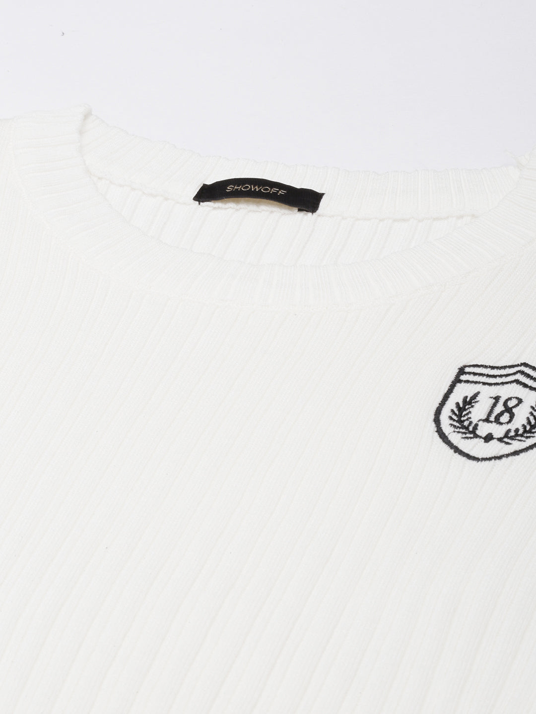 Women's Off White Round Neck Fitted Crop Top