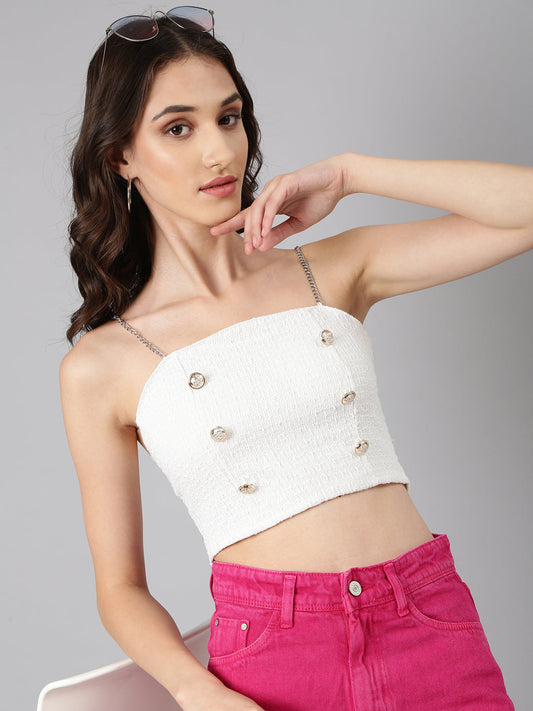 Women's Off White Shoulder Straps Sleeveless Textured Bralette Crop Top