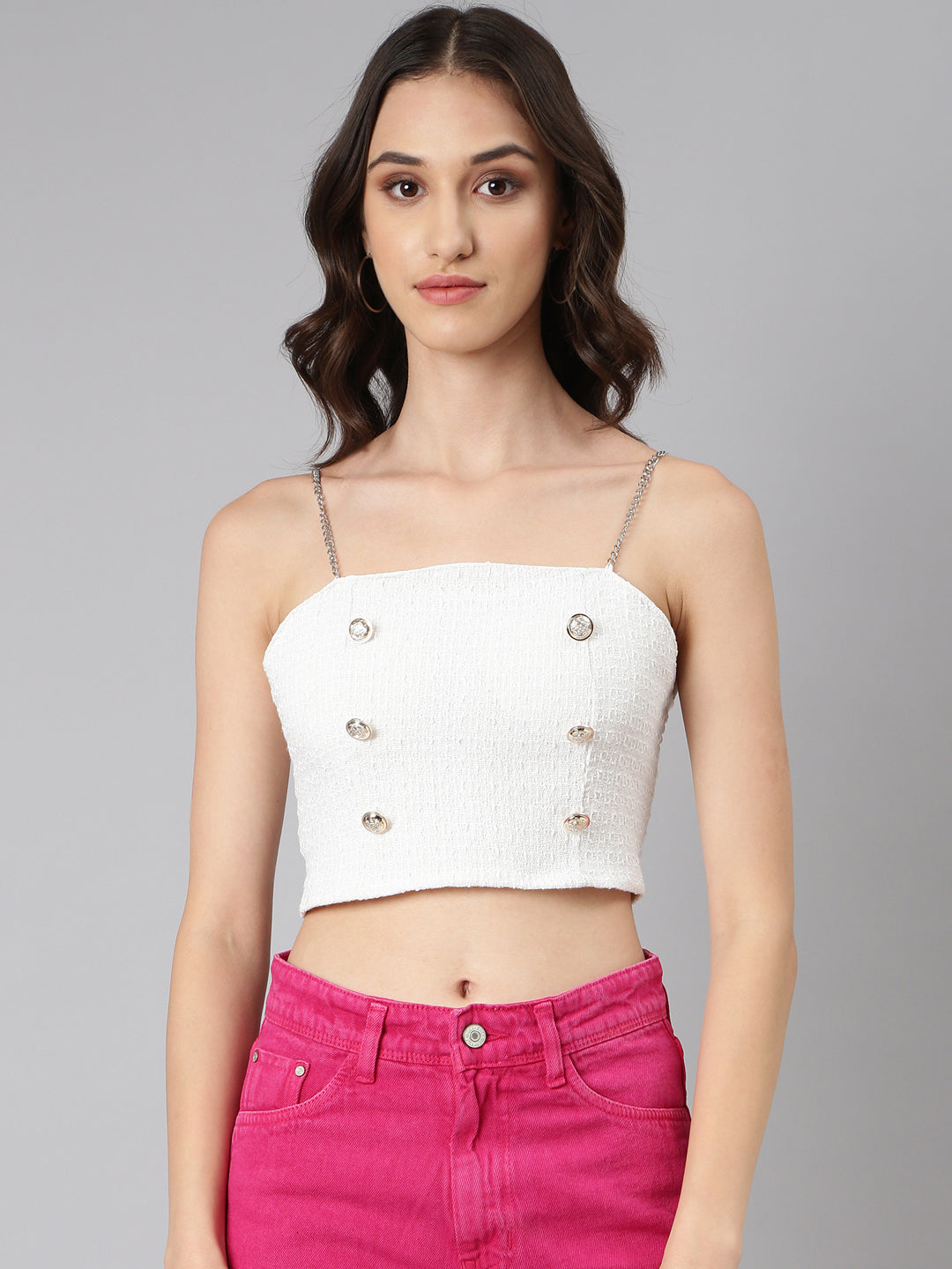 Women's Off White Shoulder Straps Sleeveless Textured Bralette Crop Top