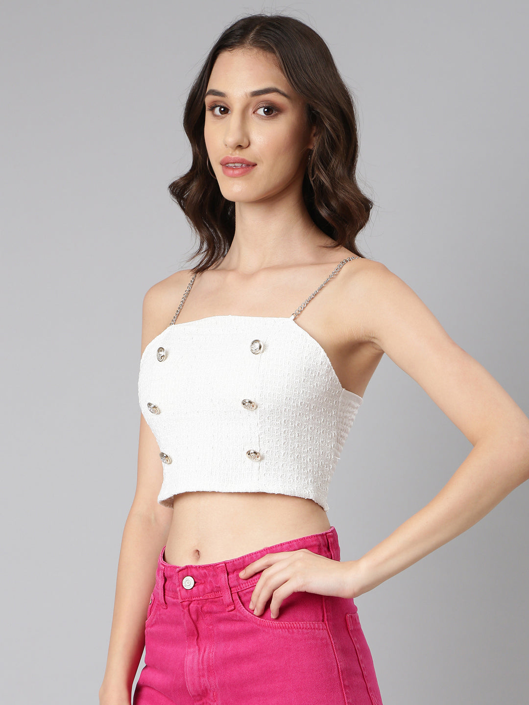 Women's Off White Shoulder Straps Sleeveless Textured Bralette Crop Top