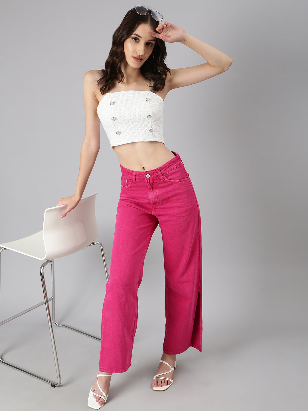 Women's Off White Shoulder Straps Sleeveless Textured Bralette Crop Top