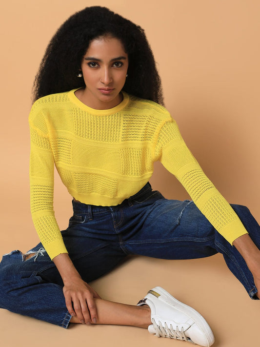Women's Yellow Self Design Crochet Round Neck Acrylic Top