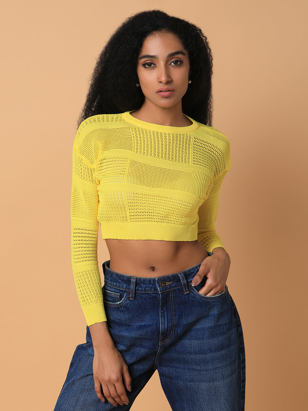 Women's Yellow Self Design Crochet Round Neck Acrylic Top
