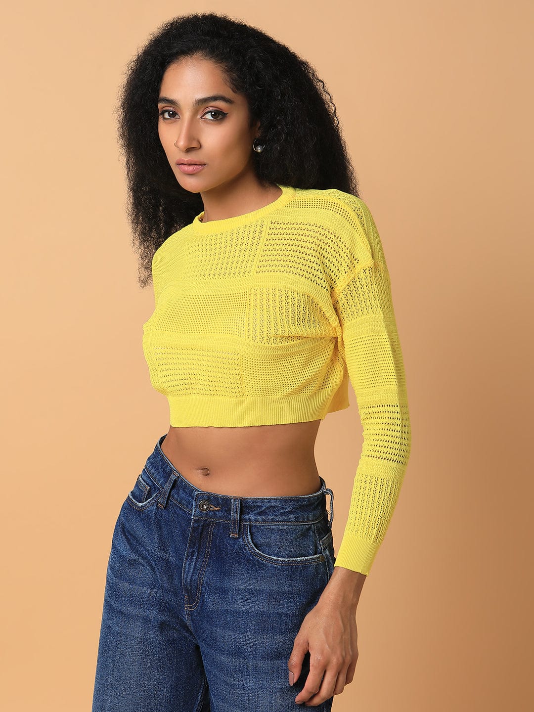 Women's Yellow Self Design Crochet Round Neck Acrylic Top