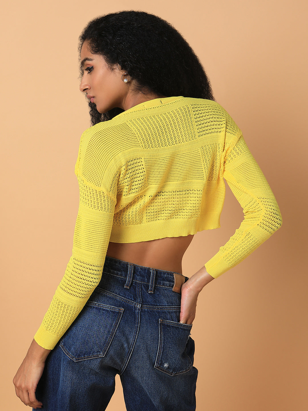 Women's Yellow Self Design Crochet Round Neck Acrylic Top