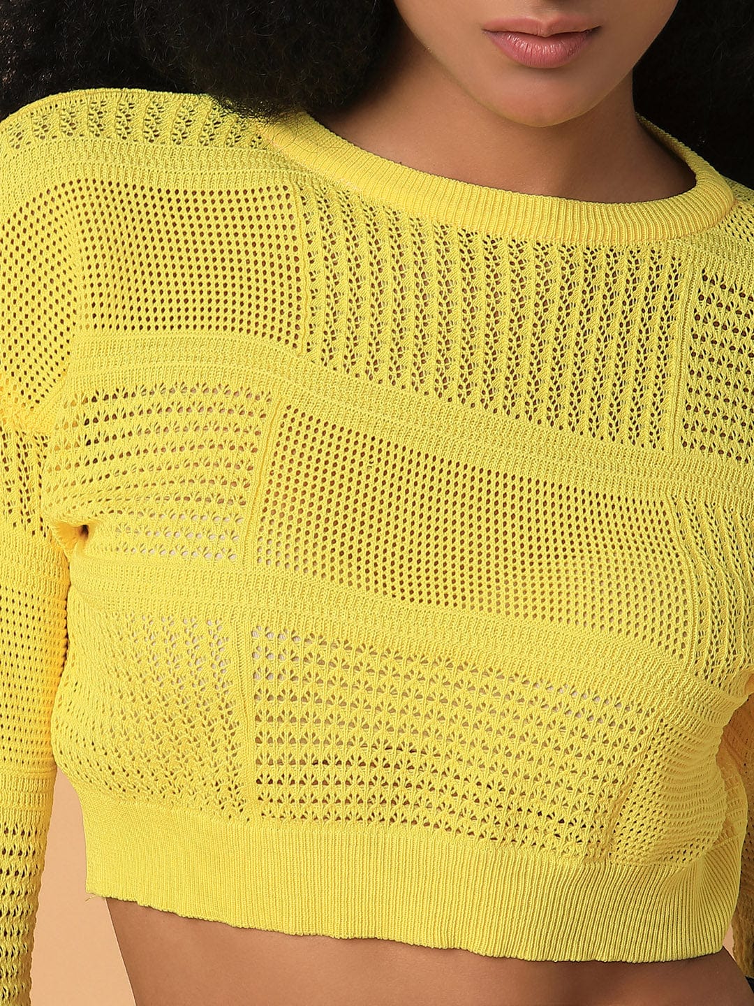 Women's Yellow Self Design Crochet Round Neck Acrylic Top