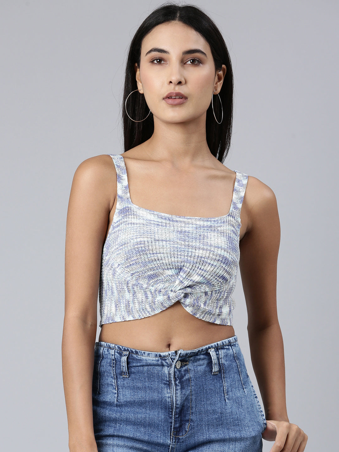 Women's Blue Abstract Printed Semi Sheer Bralette Crop Top