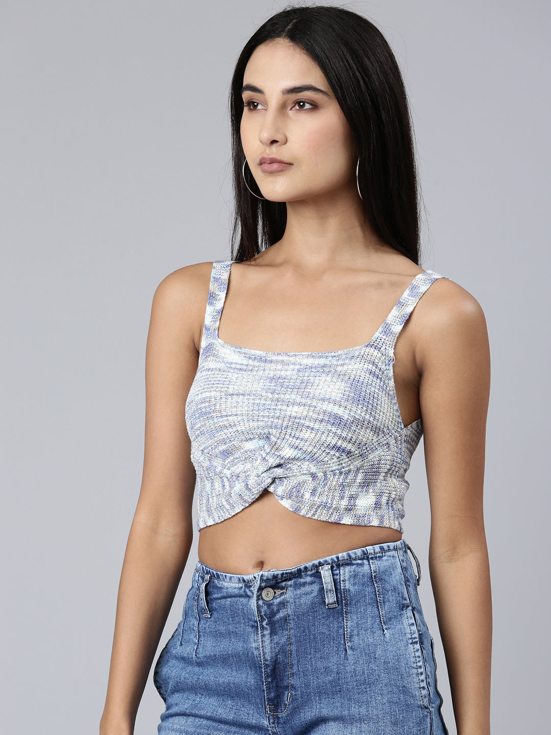 Women's Blue Abstract Printed Semi Sheer Bralette Crop Top