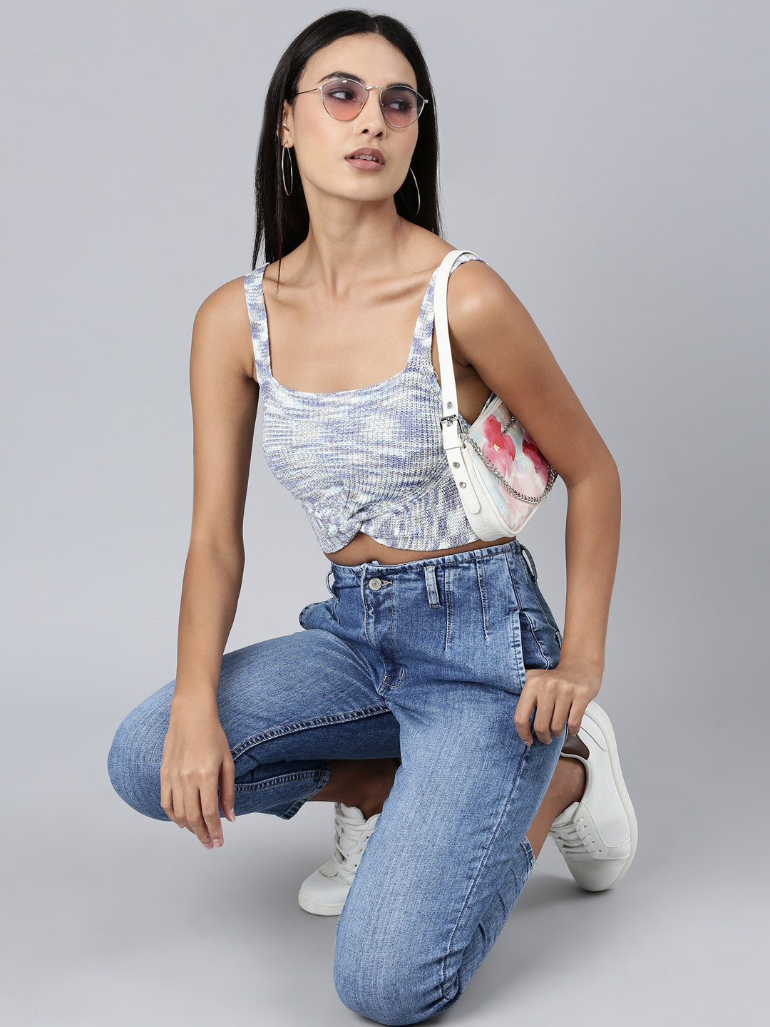 Women's Blue Abstract Printed Semi Sheer Bralette Crop Top