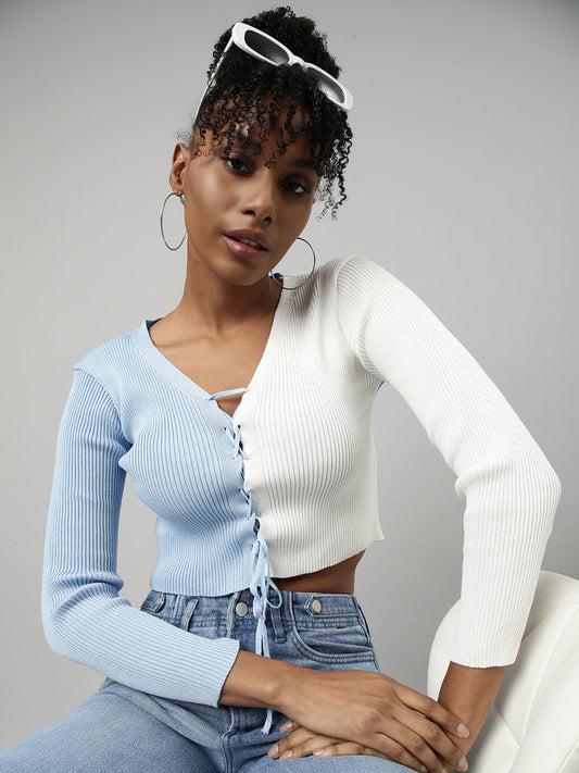 Women's Blue Colour blocked Fitted Crop Top