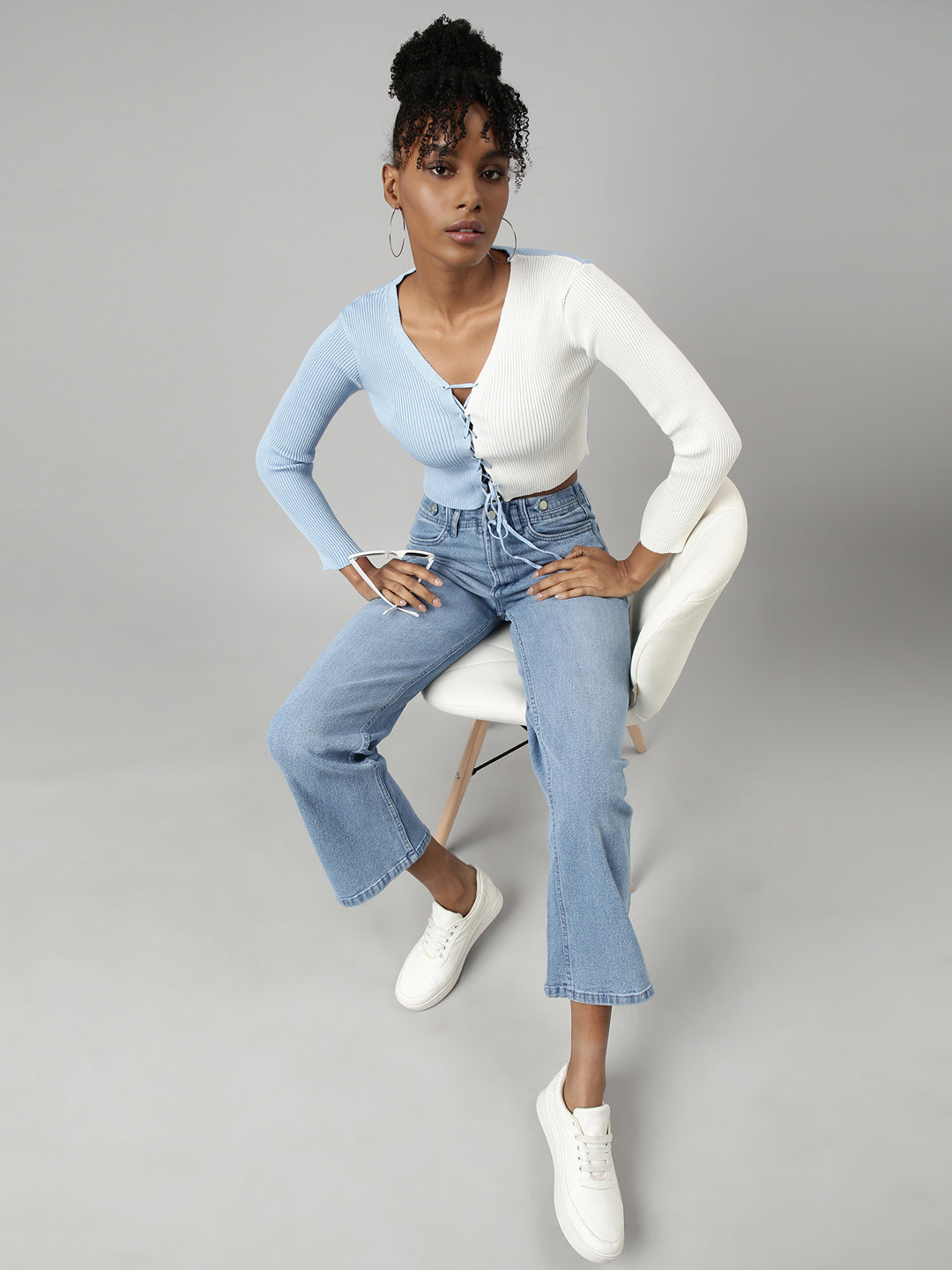 Women's Blue Colour blocked Fitted Crop Top