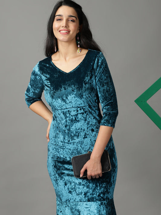 Women's Turquoise Blue V-Neck Mermaid Sequin Velvet Sheath Maxi Dress