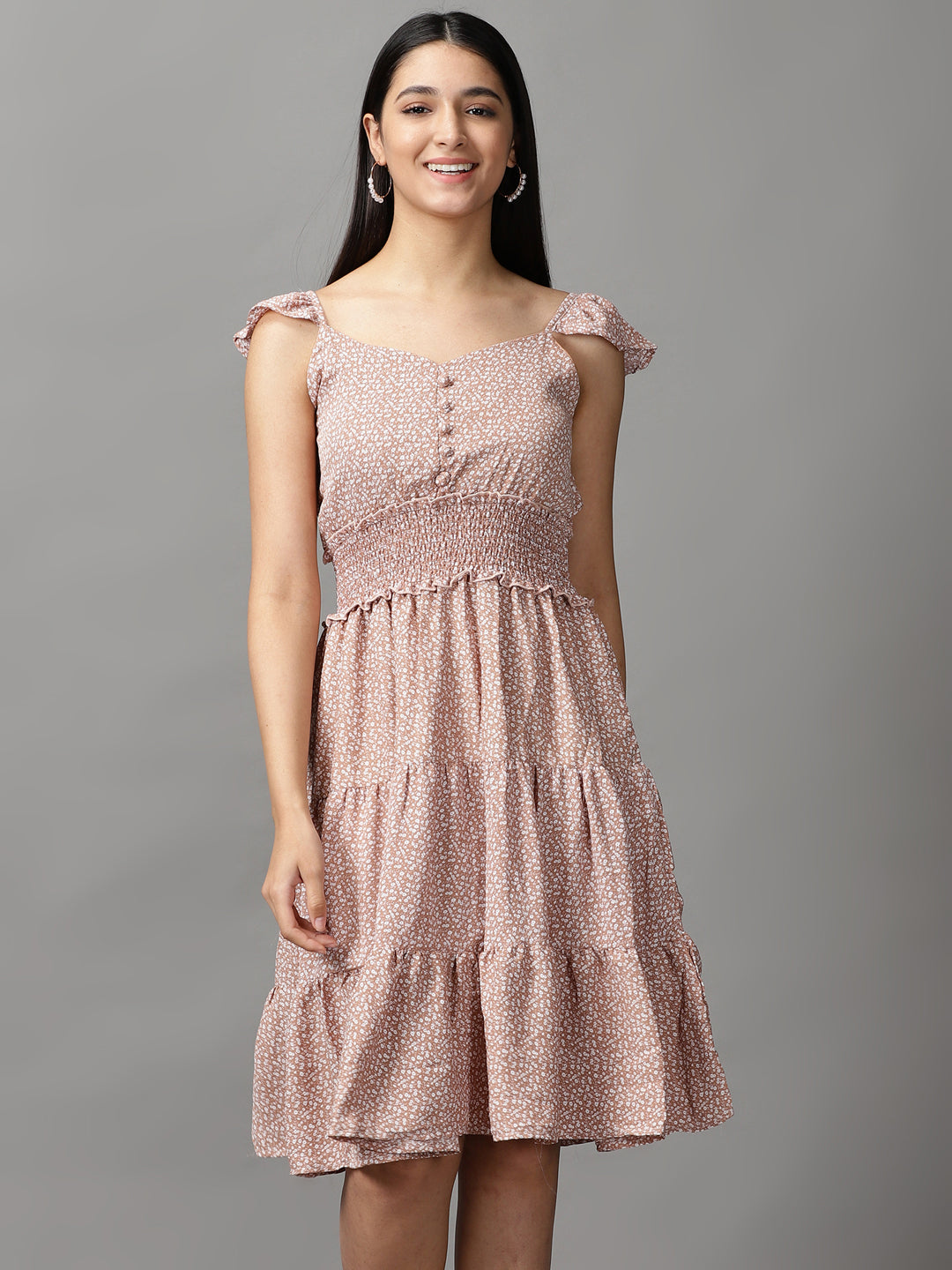 Women's Tan Floral Chiffon Fit & Flare Dress