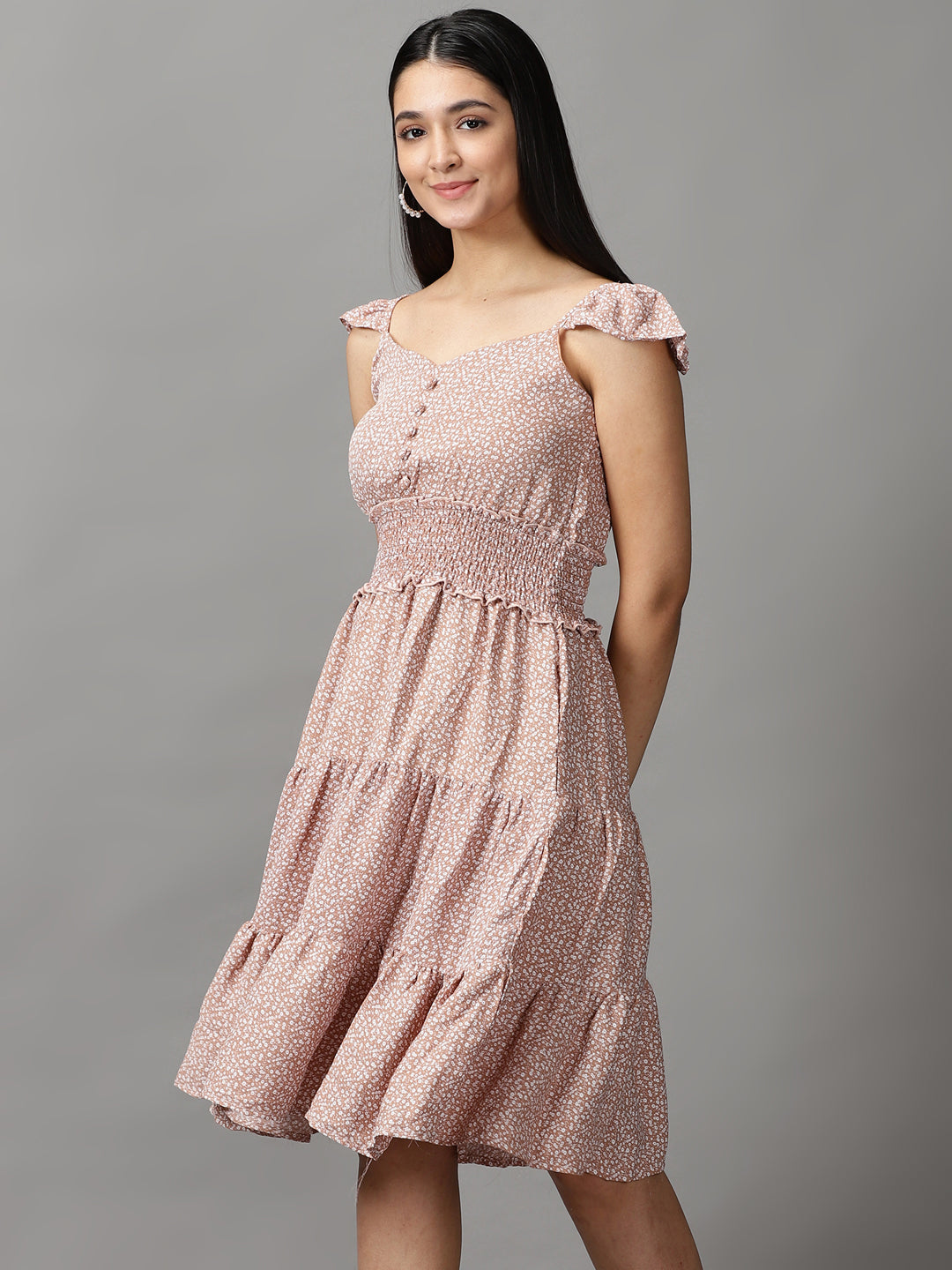 Women's Tan Floral Chiffon Fit & Flare Dress