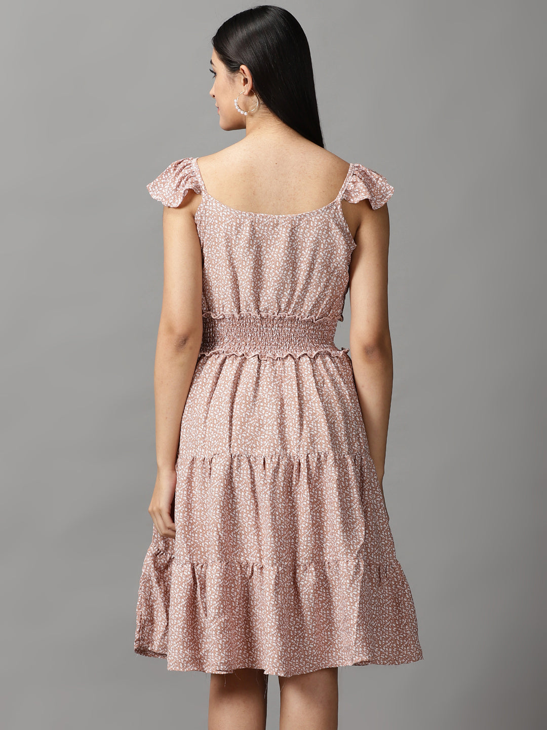 Women's Tan Floral Chiffon Fit & Flare Dress