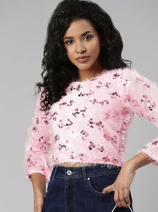 Women's Pink Embellished Bell Sleeve Crop Top