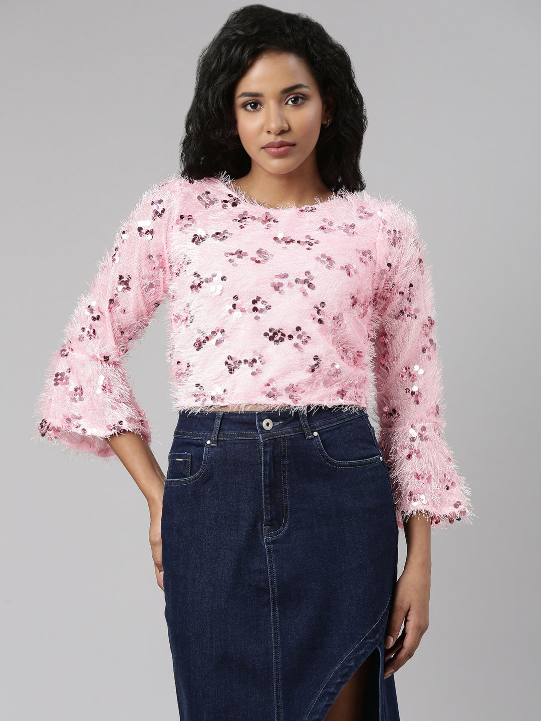 Women's Pink Embellished Bell Sleeve Crop Top