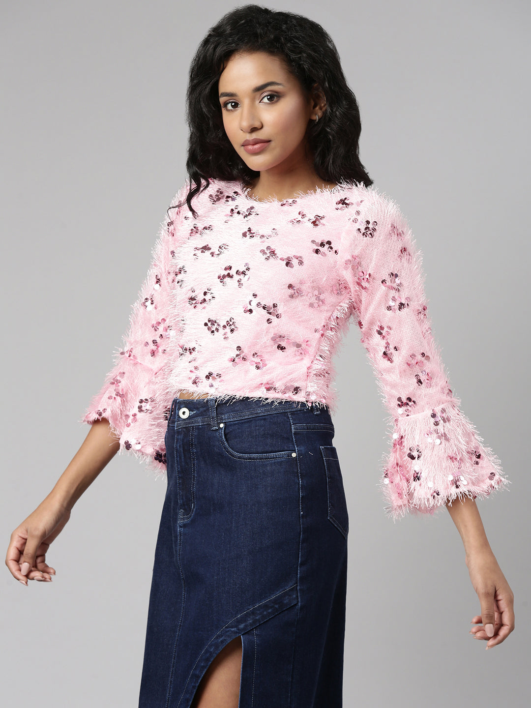 Women's Pink Embellished Bell Sleeve Crop Top