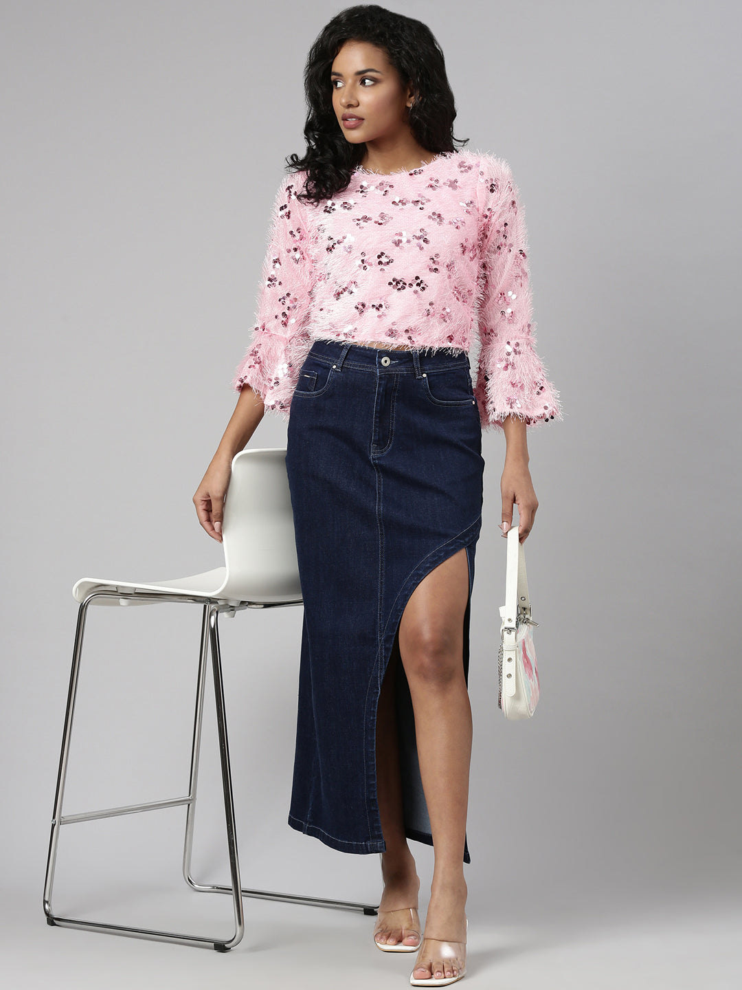 Women's Pink Embellished Bell Sleeve Crop Top