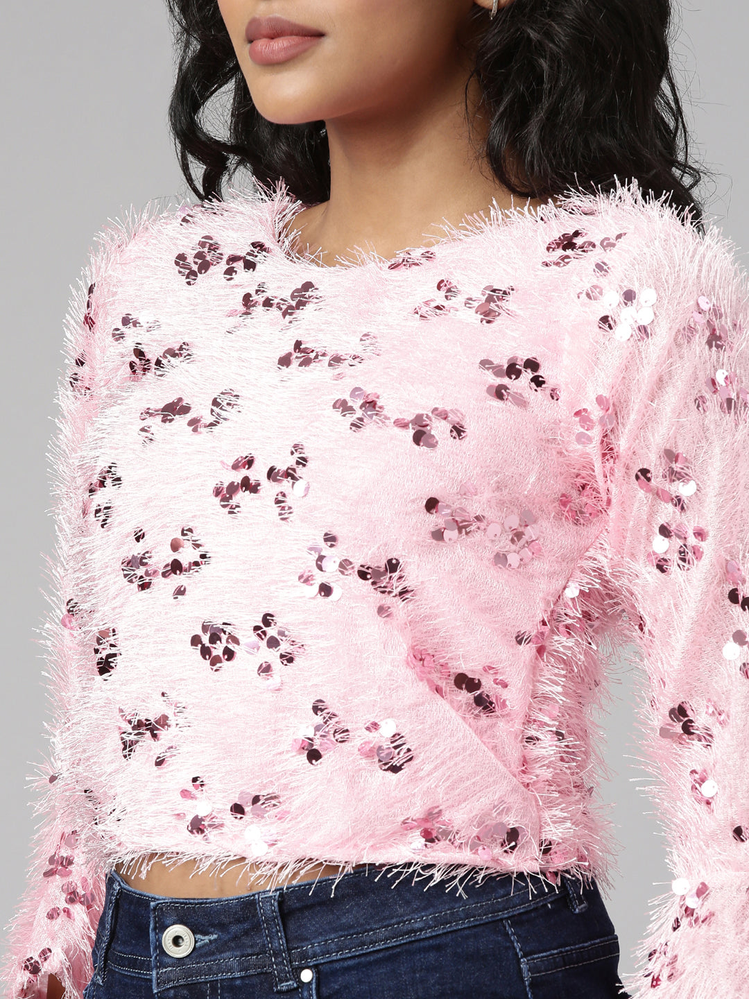 Women's Pink Embellished Bell Sleeve Crop Top