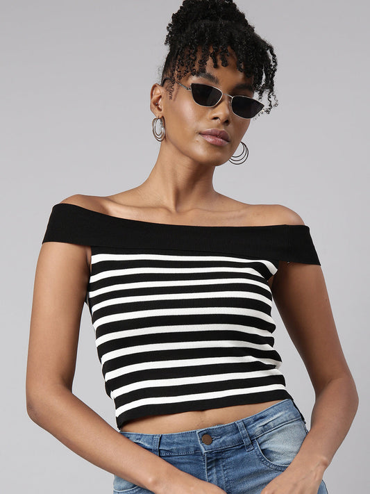 Women's Black Striped Off-Shoulder Monochrome Crop Top