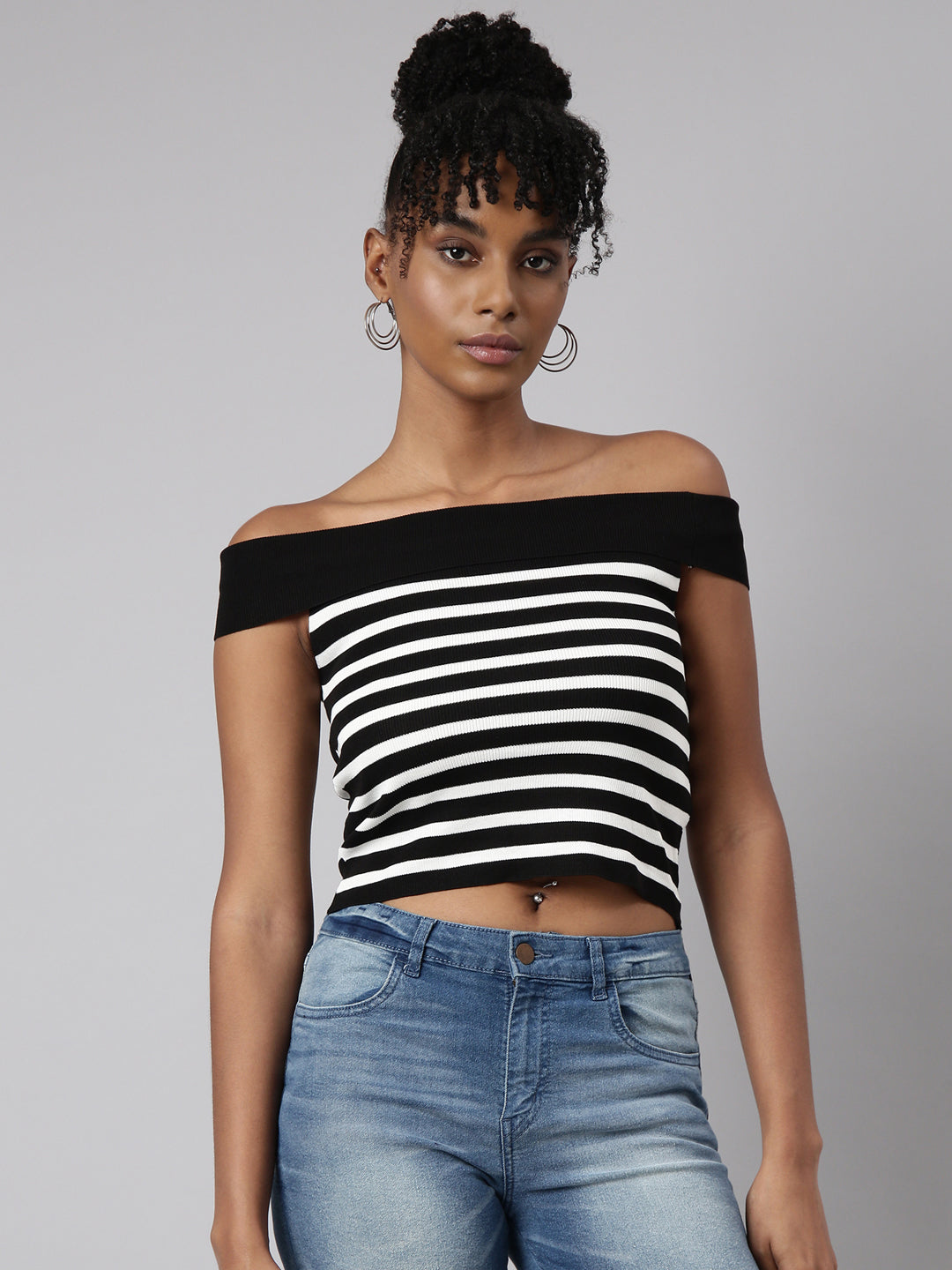 Women's Black Striped Off-Shoulder Monochrome Crop Top