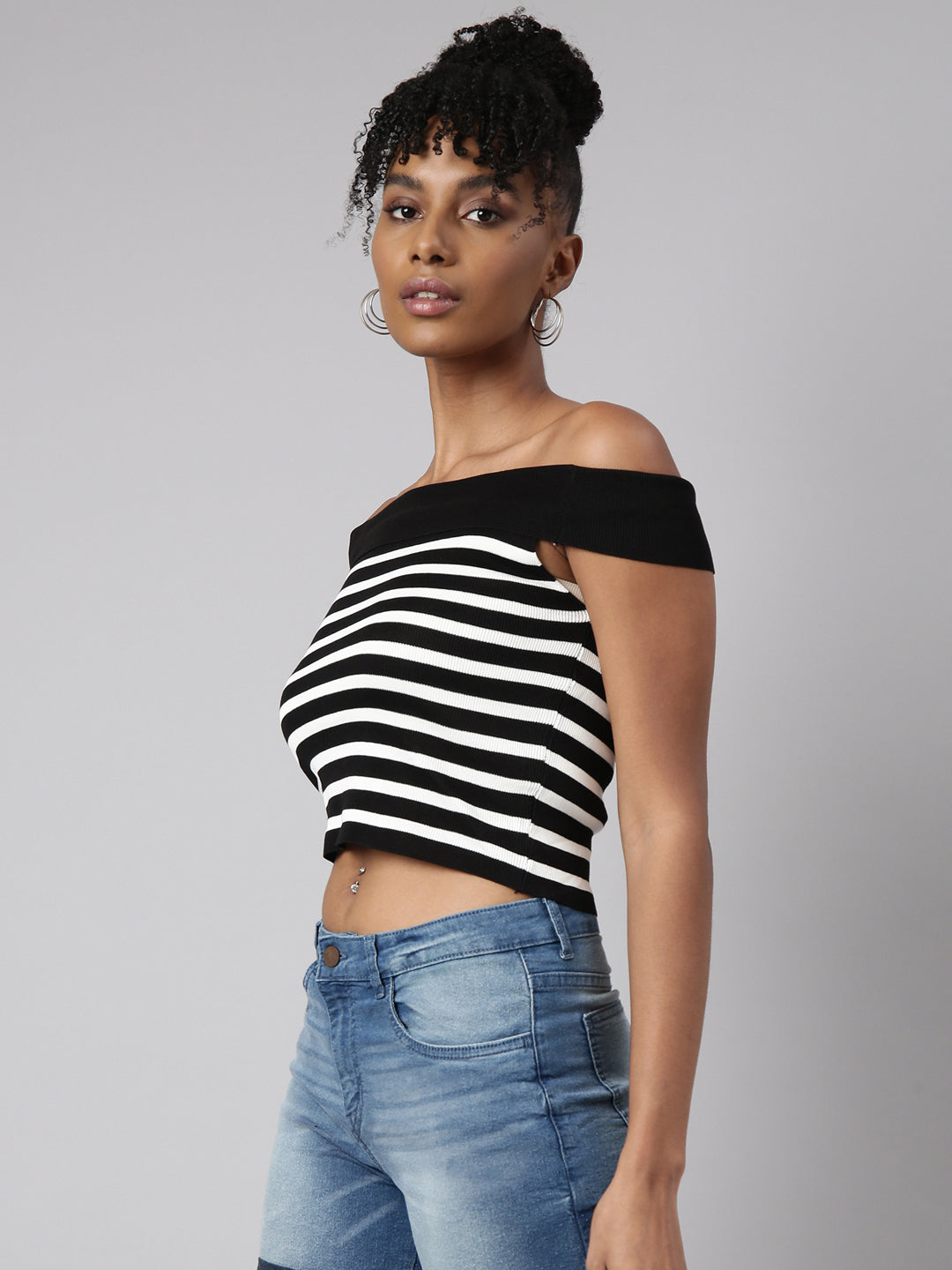 Women's Black Striped Off-Shoulder Monochrome Crop Top