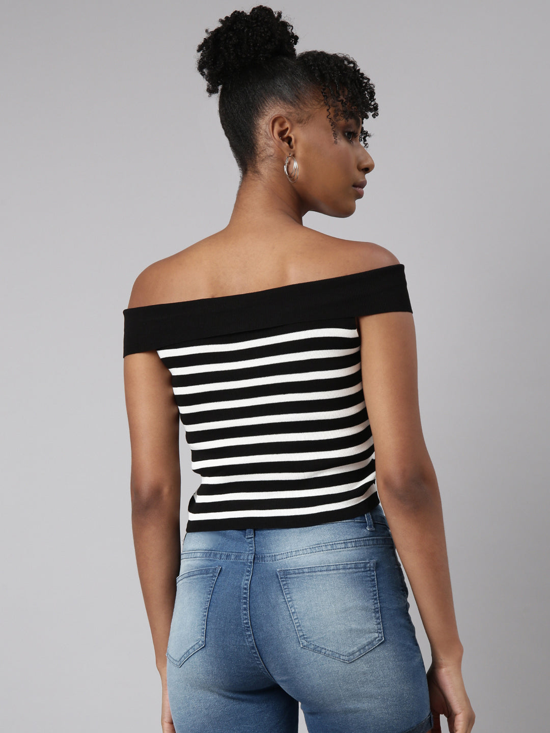 Women's Black Striped Off-Shoulder Monochrome Crop Top